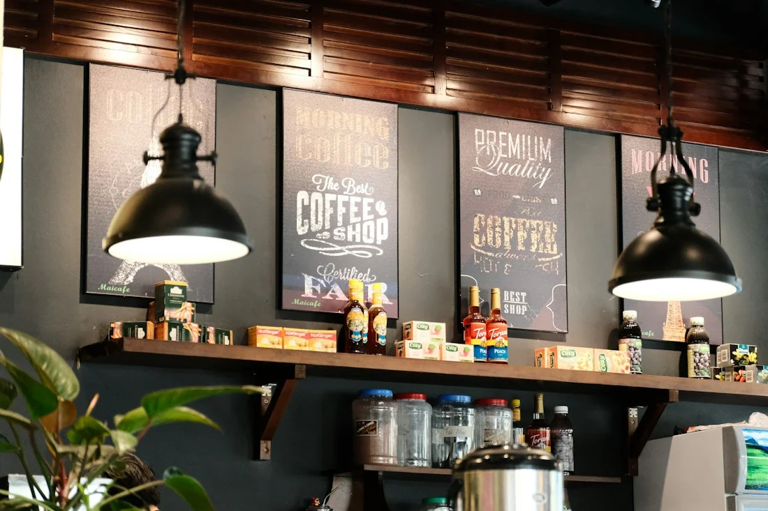 Café counter with pendant lighting