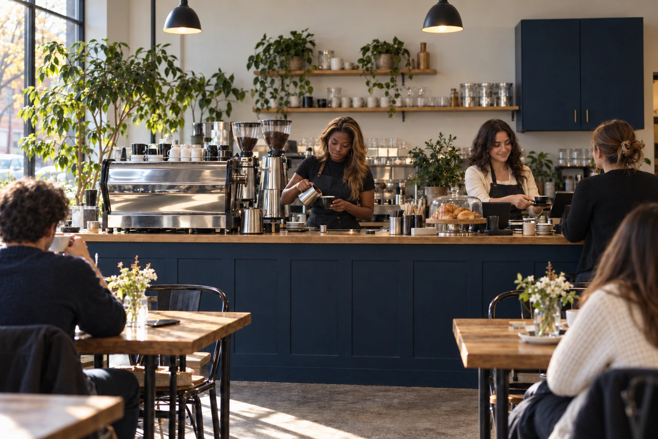 A lively café scene with customers and the TMP team behind the counter